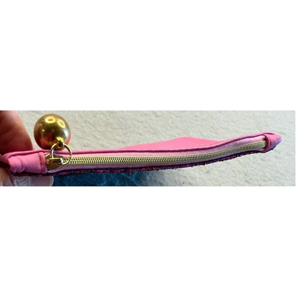 Ipsy Makeup Bag Pink Green Glitter Two Tone Cosmetic Pouch Gold Ball Zipper S